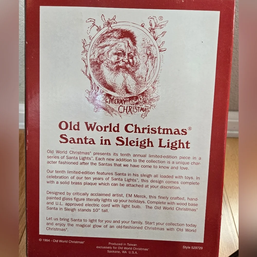 EM Merck Vintage Light Up Santa In Sleigh Old World Christmas 10th Anniversary